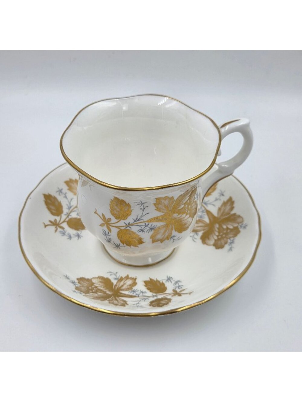 Crown Staffordshire Tea Cups and Saucer Gold Flowers Gray Accents Bone China